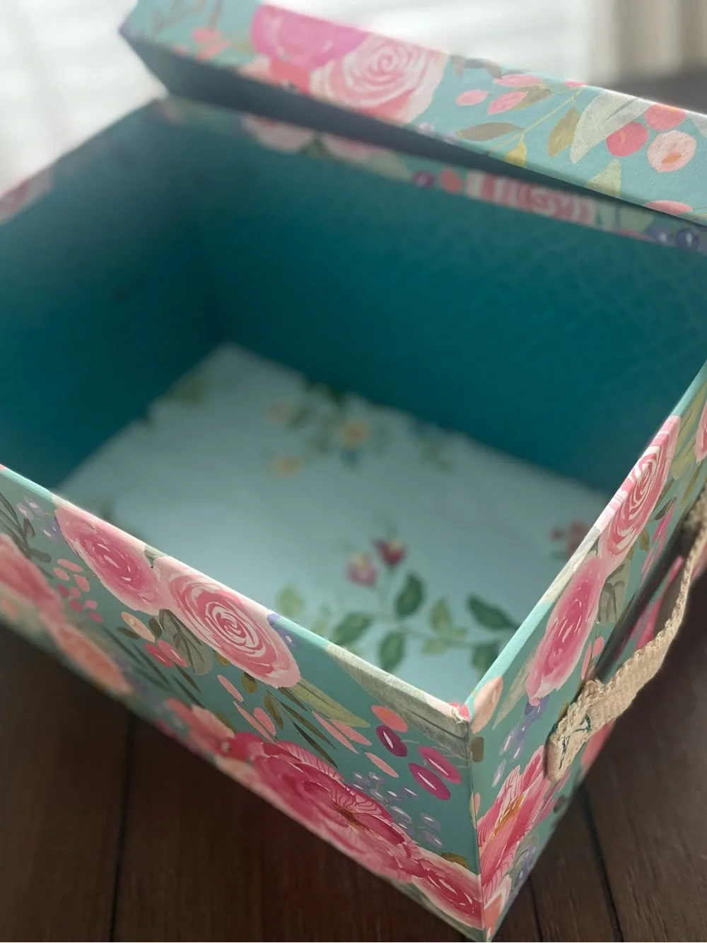 Clementine Paper Company Storage Box in Teal and Pink, 9” X 13” X 7” high appx